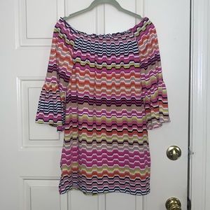 Trina Turk Geometric Bell Sleeve Off the Shoulder Dress